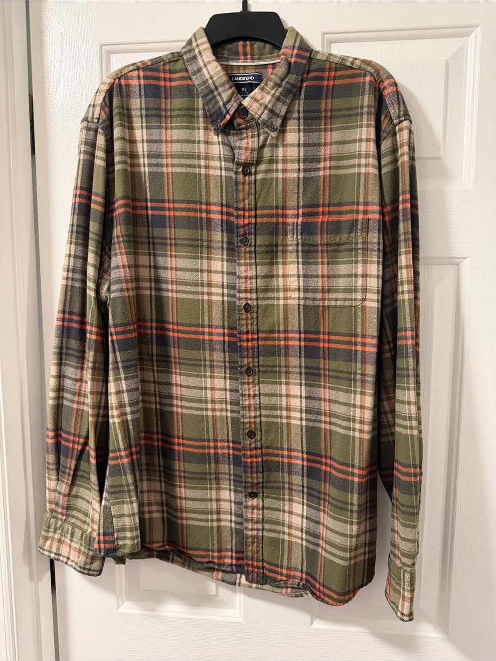 Lands' End Olive and Cream Plaid Button-Down Shirt with Rust Accents